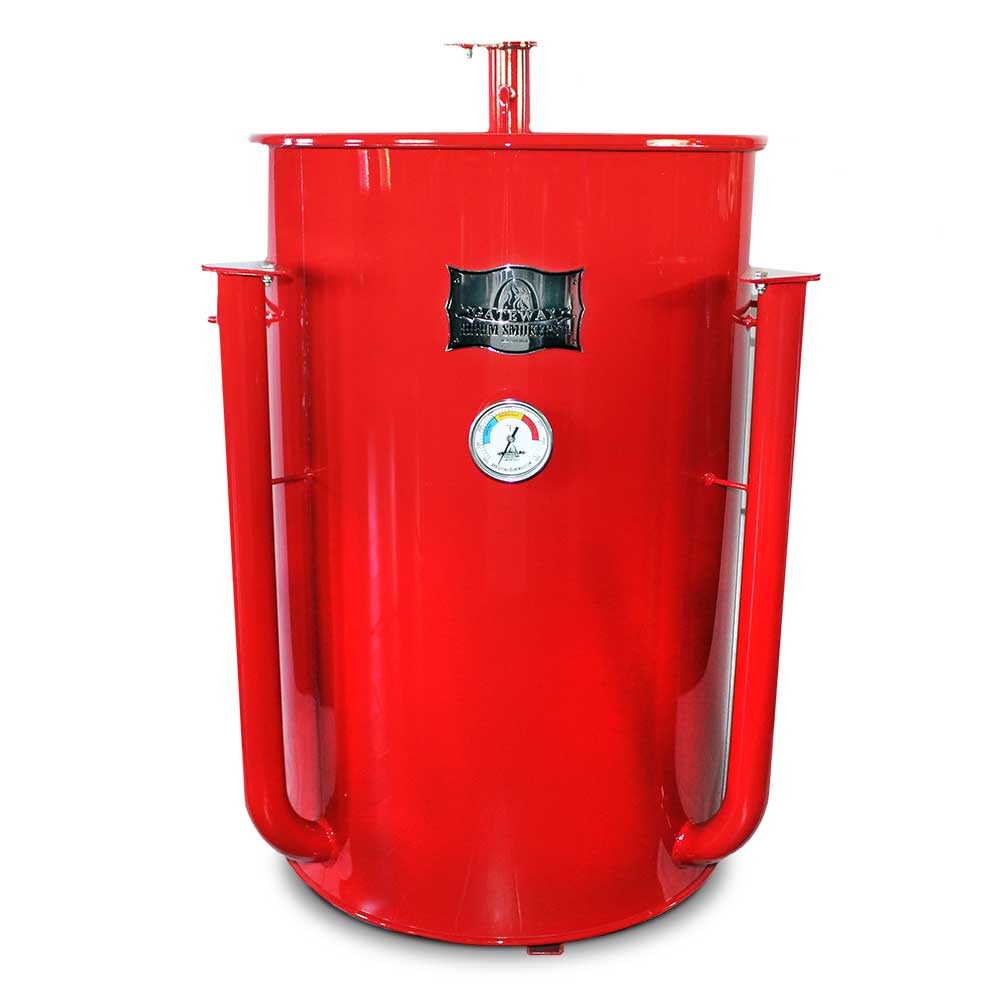 Red glossy vertical smoker with temperature gauge and 'Gateway Drum Smokers' logo.