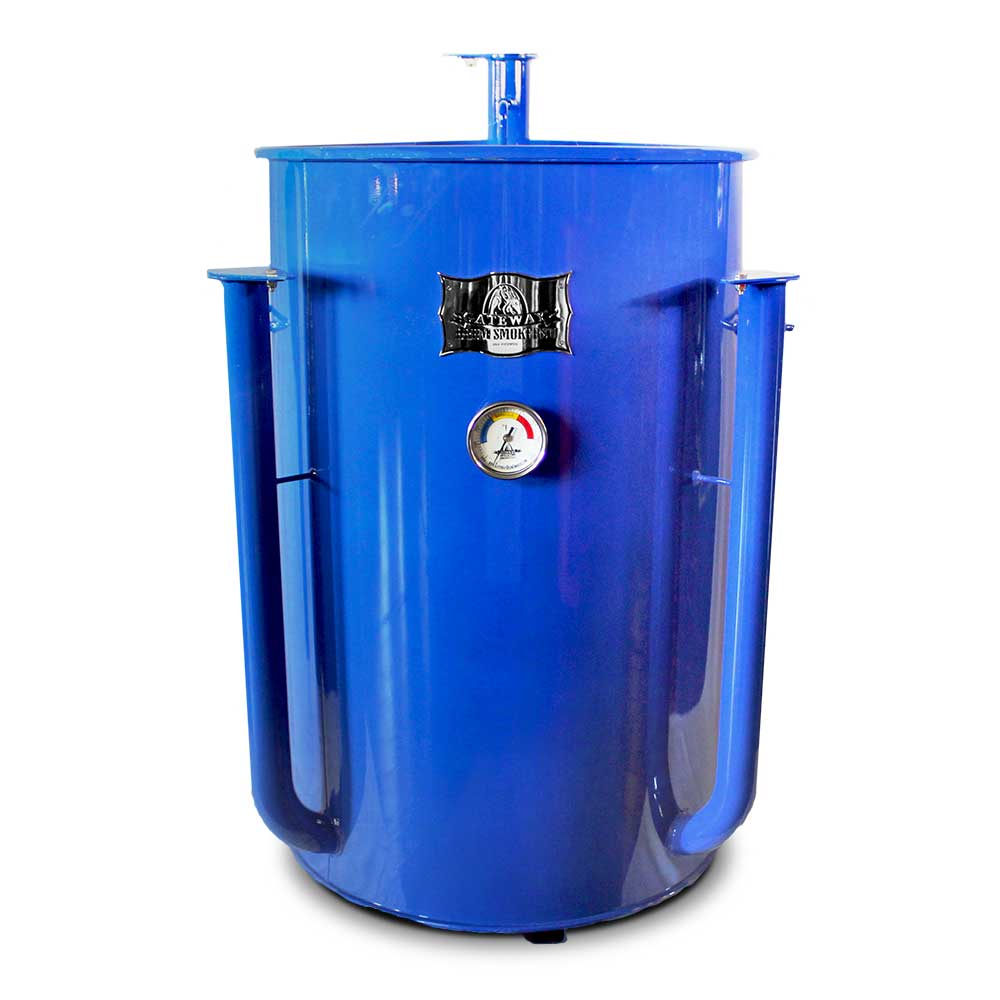 Blue glossy vertical smoker with temperature gauge and 'Gateway Drum Smokers' logo.