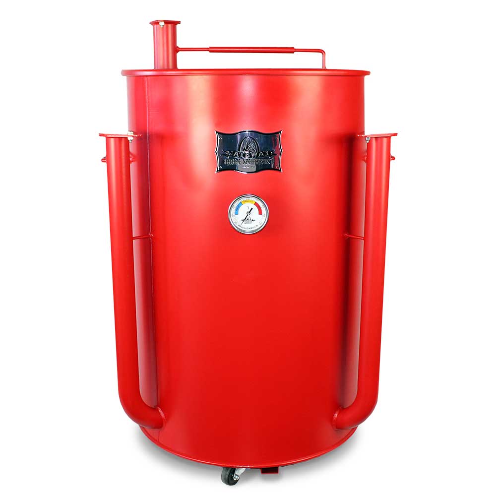 Image of a red Gateway Drum Smoker. The smoker is cylindrical, featuring a top vent and a front thermometer gauge that shows temperature ranges. The brand logo is placed above the thermometer.