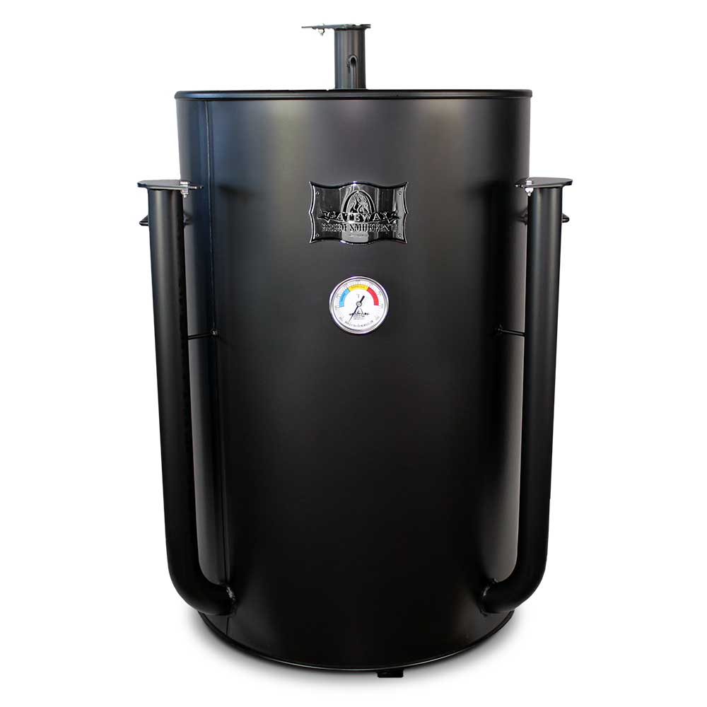 Image of a black Gateway Drum Smoker. The smoker is cylindrical with a top vent and front thermometer gauge displaying temperature ranges. The brand logo is displayed above the thermometer.