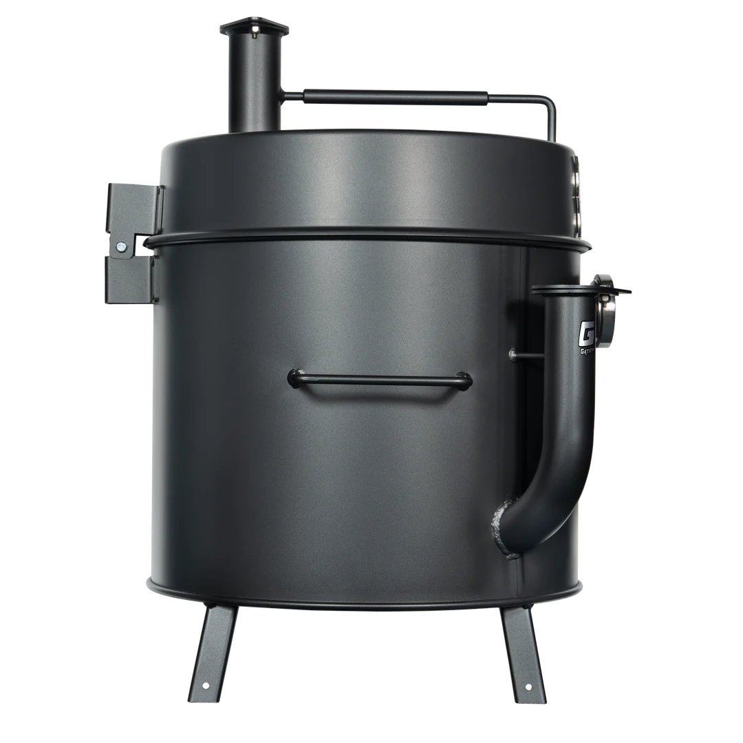 The side view of a black mini drum smoker, displaying its simple, cylindrical design with a smoke stack on top.