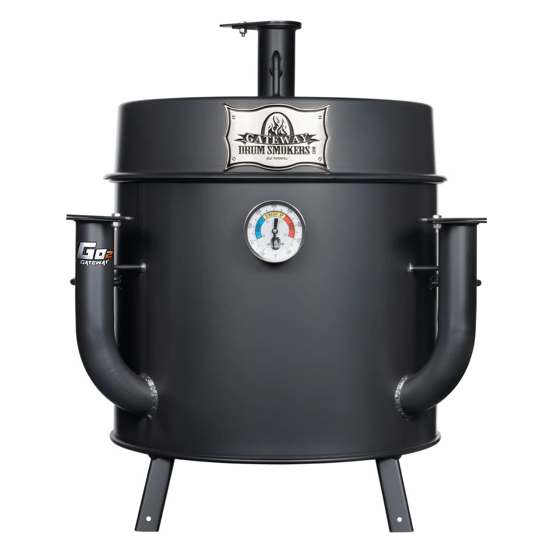 The front view of a black mini drum smoker with a 'Go2 Gateway' logo, featuring a temperature gauge and smoke stack on top.