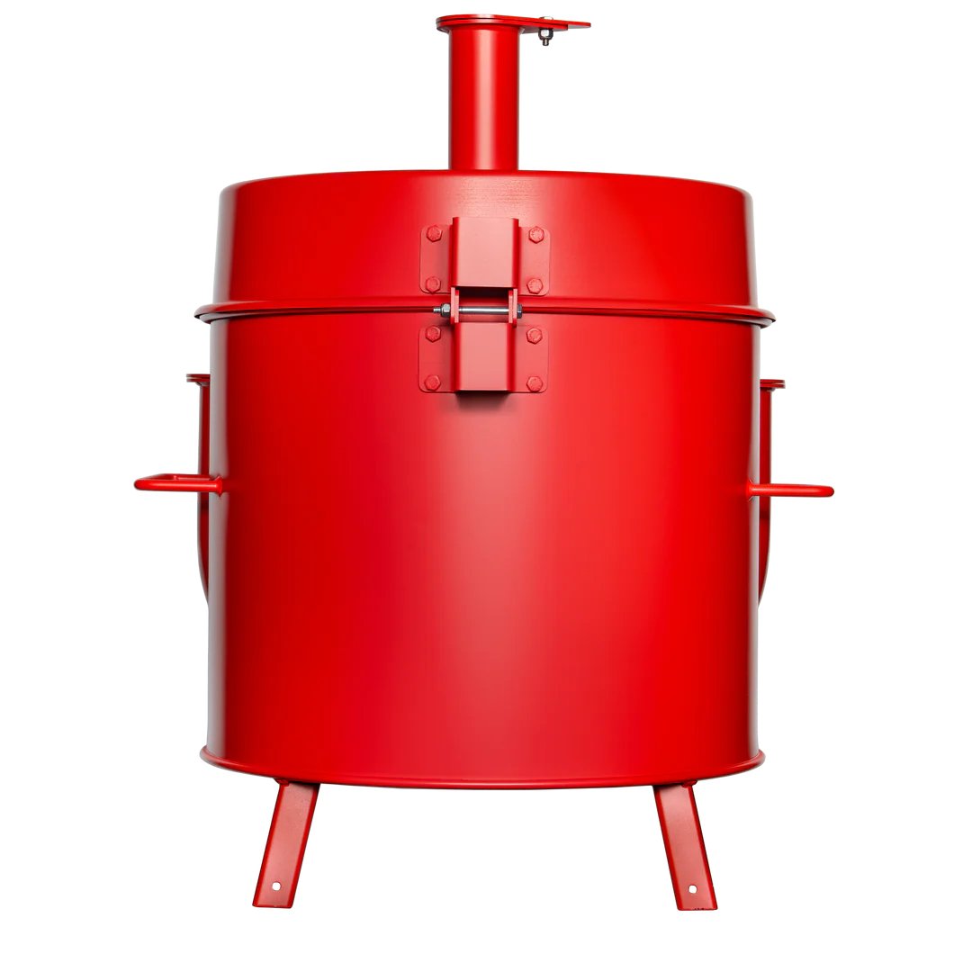 The back view of a red mini drum smoker, displaying its simple, cylindrical design with a smoke stack on top.