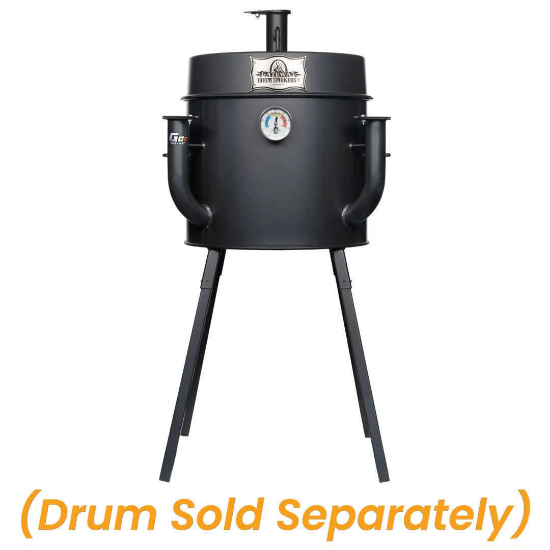 A black drum smoker with a label 'Drum Sold Separately' underneath, showcasing the drum smoker's main body and attached legs.