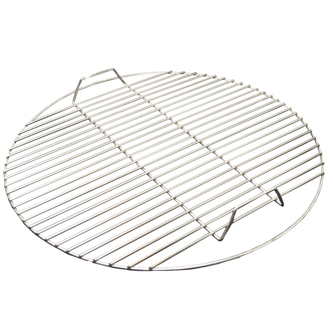 A circular metal cooking grate with evenly spaced parallel bars, designed to hold food while cooking in a drum smoker.