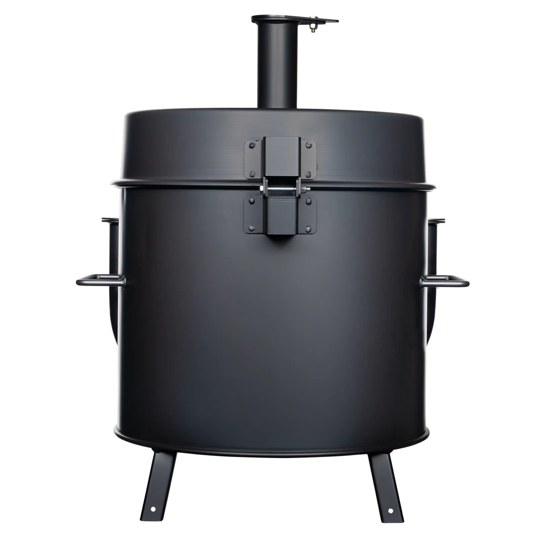 The back view of a black mini drum smoker, displaying its simple, cylindrical design with a smoke stack on top.