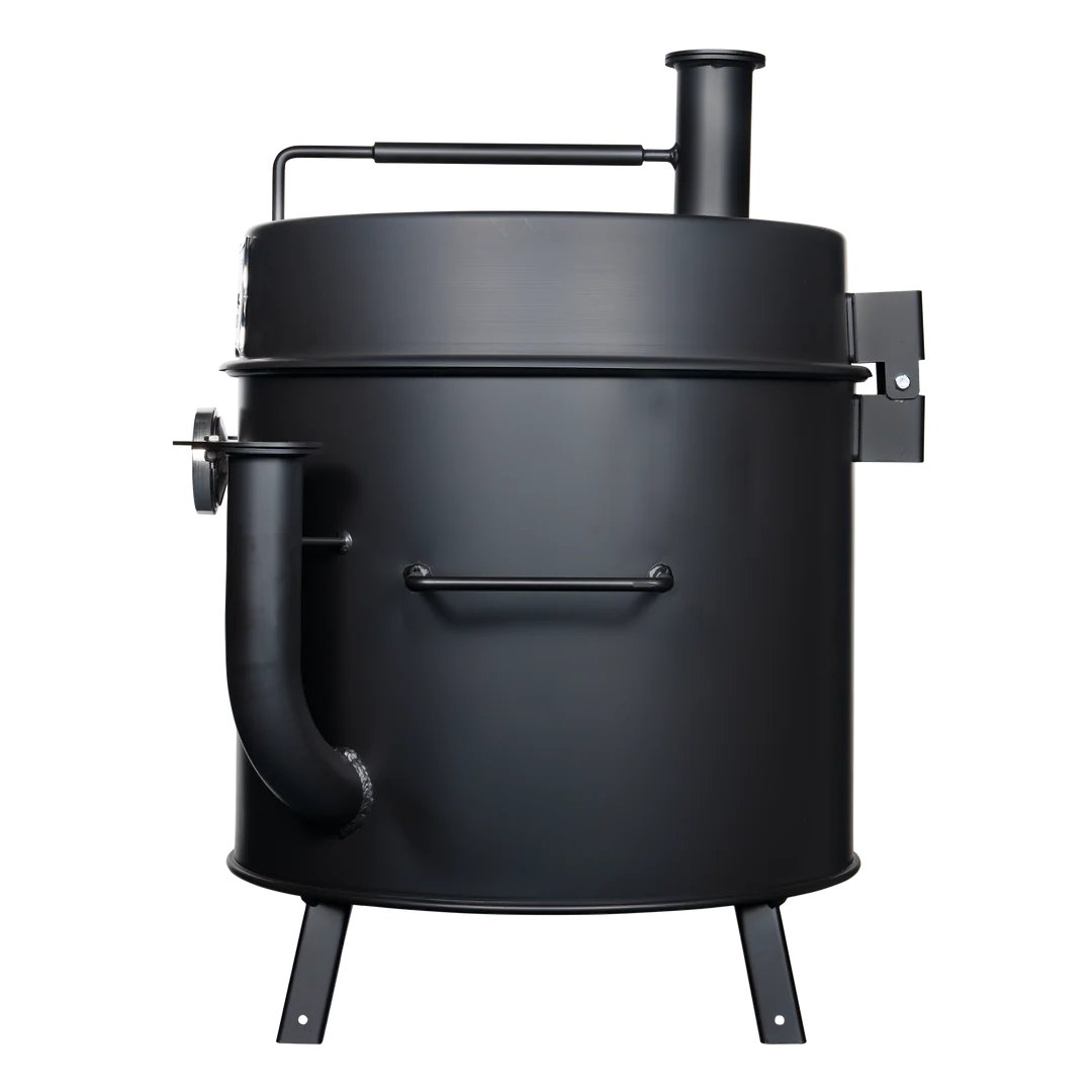 The side view of a black mini drum smoker, displaying its simple, cylindrical design with a smoke stack on top.