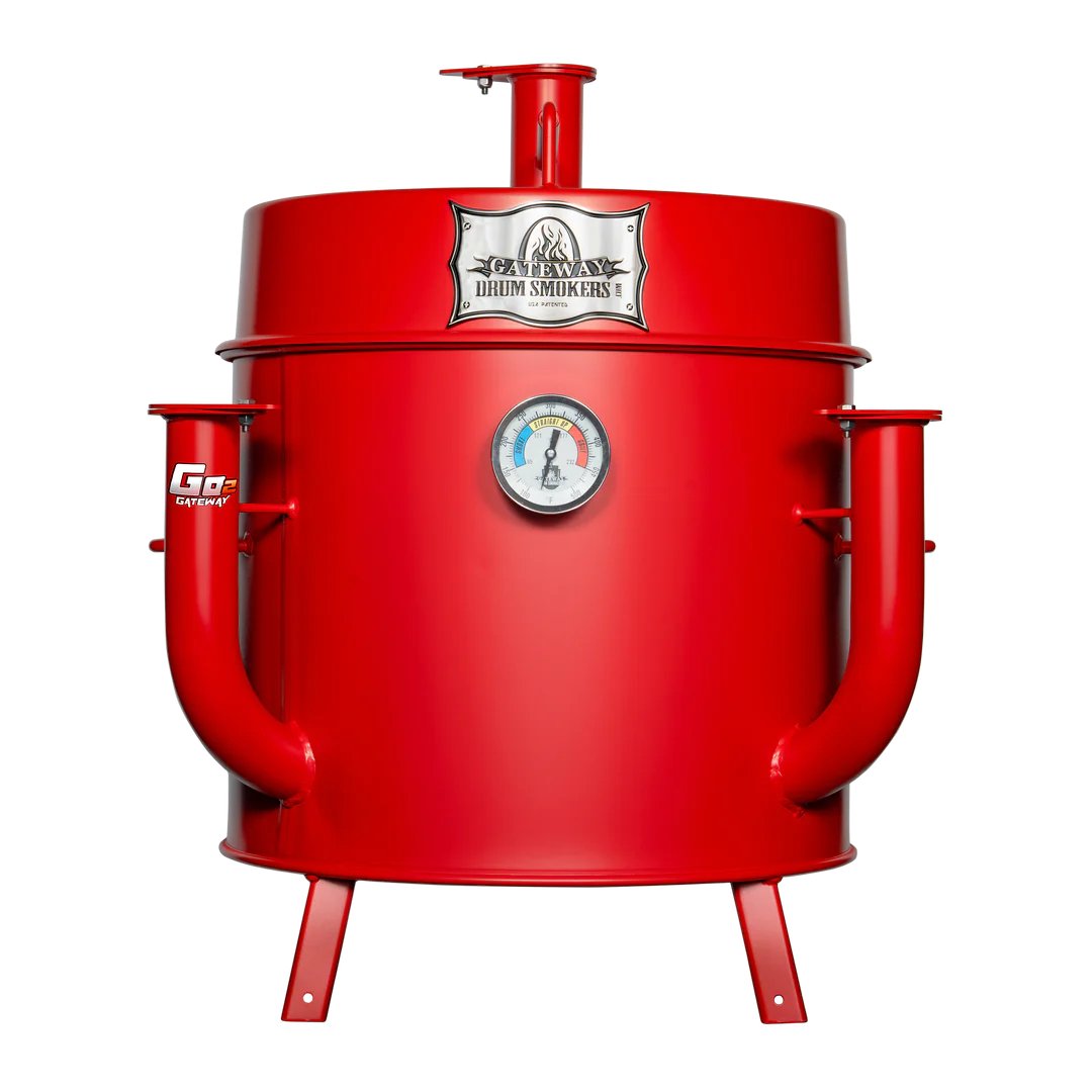 The front view of a red mini drum smoker with a 'Go2 Gateway' logo, featuring a temperature gauge and smoke stack on top.