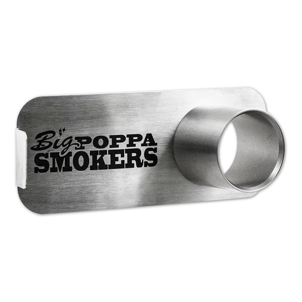 Picture of a stainless steel guru adapter with Big Poppa Smoker's Vintage Logo on it