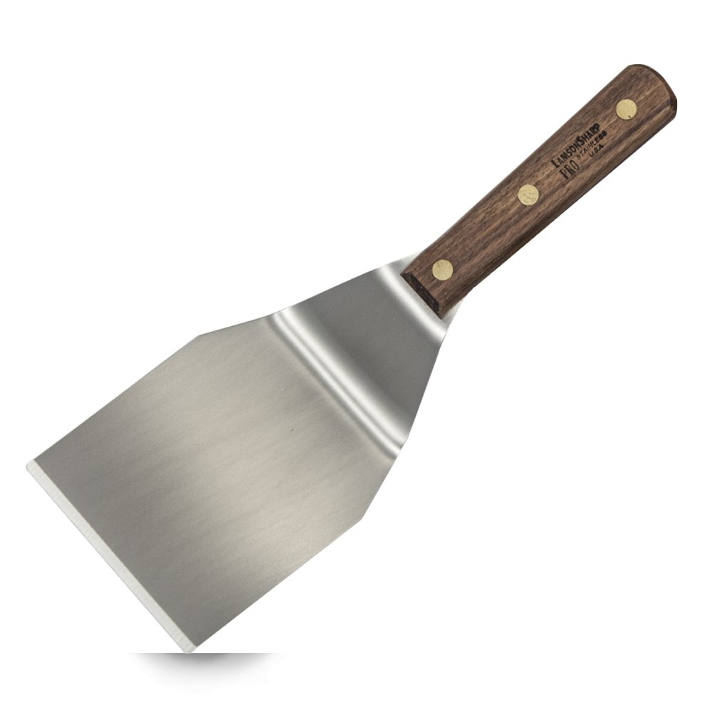 Lamson Hamburger Turner, high-quality stainless steel spatula with a wooden handle for flipping and turning burgers on the grill