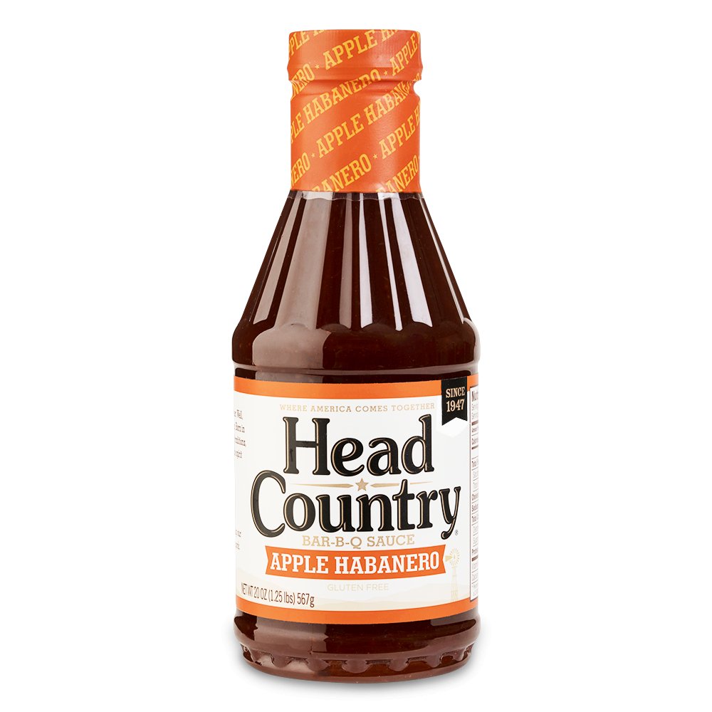 Bottle of Head Country Apple Habanero BBQ Sauce, featuring a label that highlights its unique blend of sweet apple and spicy habanero chili. Gluten-free and perfect for adding a delicious twist to BBQ chicken, pork, and other dishes.