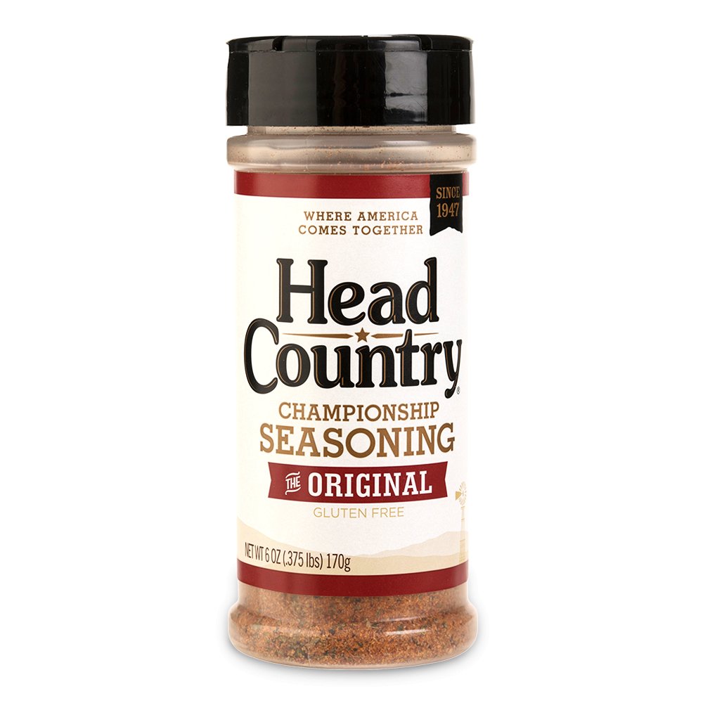 A 6 oz bottle of Head Country Championship Seasoning displayed against a white background. The label highlights "The Original" flavor, is gluten-free, and mentions the brand's establishment since 1947