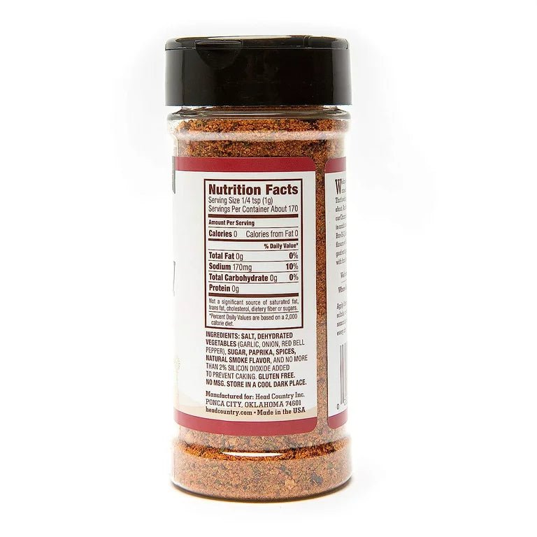 The back label of a Head Country Championship Seasoning bottle showing the nutrition facts and ingredients list. The text includes details about serving size, calories, and ingredients like dehydrated garlic and onion, brown sugar, and paprika.