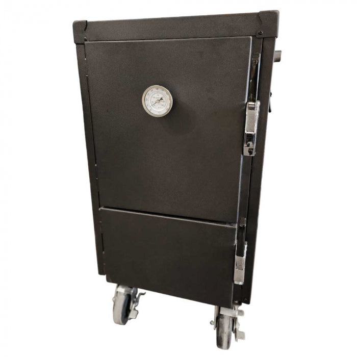 The front view of a vertical BBQ smoker on wheels with a temperature gauge in the center of the top door and latch handles on the side.