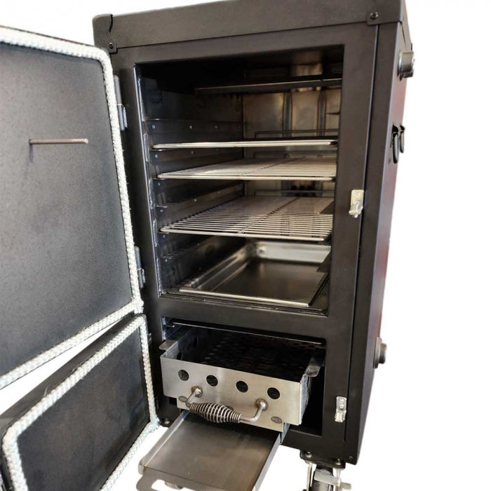The interior of a vertical BBQ smoker with the door open, showing multiple shelves and a charcoal drawer at the bottom.
