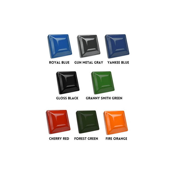 A selection of eight square color swatches showing the available color options for a BBQ smoker: Royal Blue, Gun Metal Gray, Yankee Blue, Gloss Black, Granny Smith Green, Cherry Red, Forest Green, and Fire Orange.