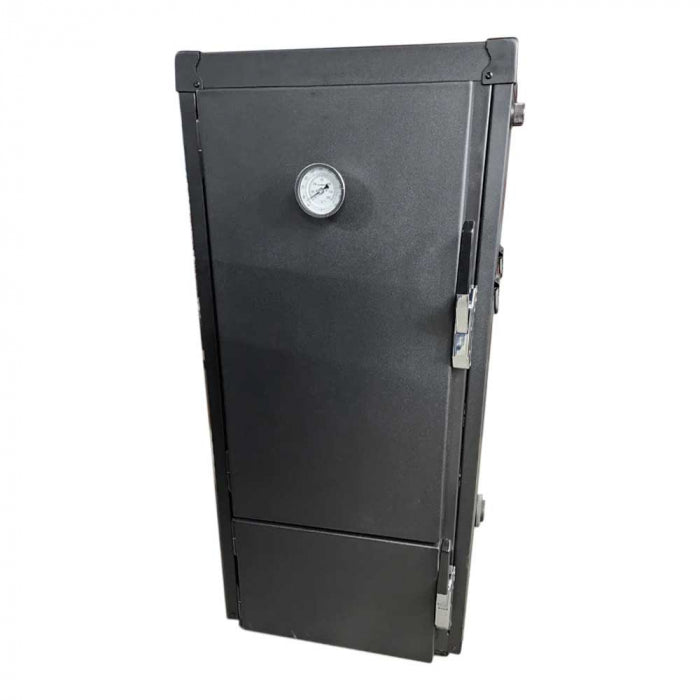The front view of a vertical BBQ smoker with a temperature gauge in the center of the top door and latch handles on the side.