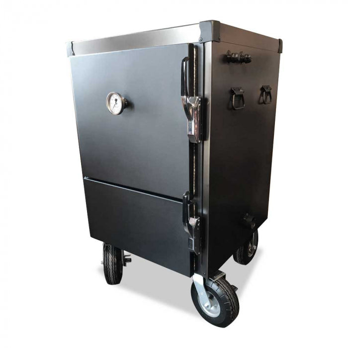 A vertical BBQ smoker on wheels with a temperature gauge on the door, two latches, and solid handles on the door and side.
