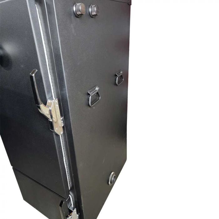 The side view of a vertical BBQ smoker, highlighting the latches, handles, and probe ports.