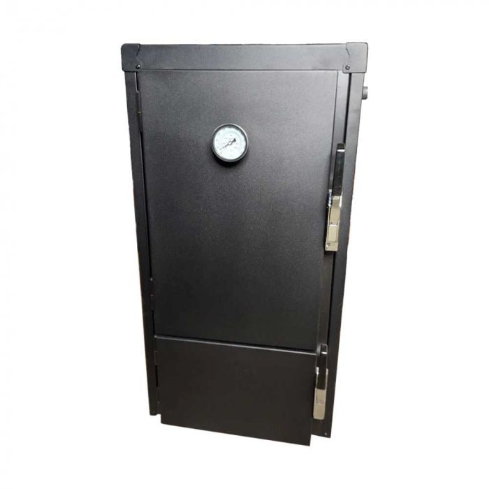 The front view of a vertical BBQ smoker with a temperature gauge in the center of the top door and latch handles on the side.