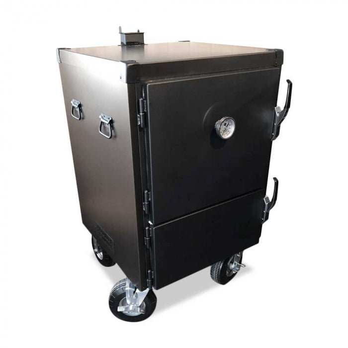 A vertical BBQ smoker on wheels with a temperature gauge on the door, two latches, and a solid handle for opening.