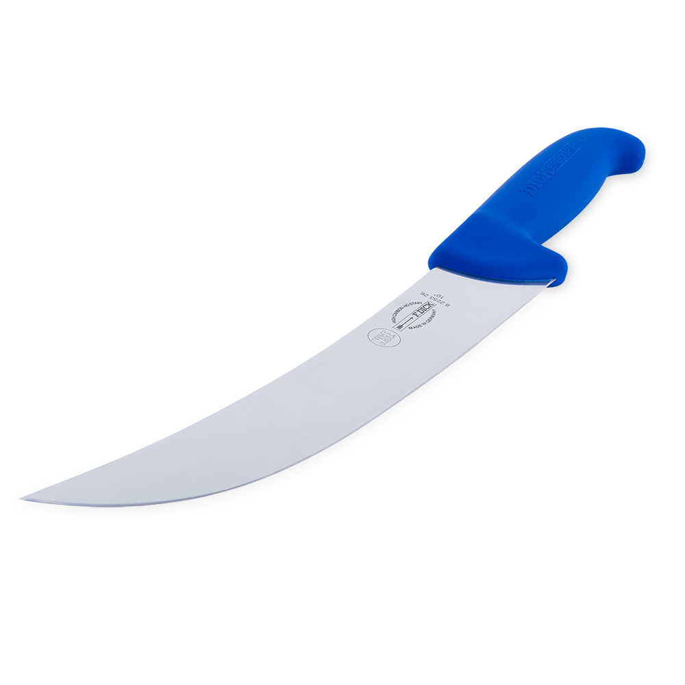 Close-up of the F. Dick 10" Cimeter Knife - Ergogrip, featuring a long, curved blade and ergonomic blue handle designed for comfortable, precise cutting. 