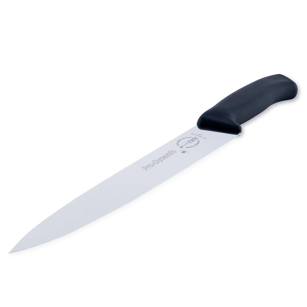 Close-up image of the F. Dick Slicing Knife. The knife features a long, high-carbon stainless steel blade designed for precise slicing. It has an ergonomic handle for comfortable use. Displayed on a plain white background, highlighting its sharpness and professional quality.