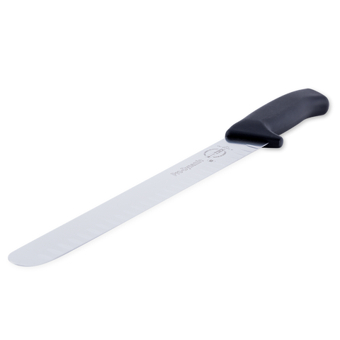 F. Dick 12-inch Seamless Hollow Ground Slicer from the ProDynamic series, featuring a long, slender blade designed for precision slicing. The handle is ergonomically designed for a comfortable grip, ideal for professional chefs and culinary enthusiasts.