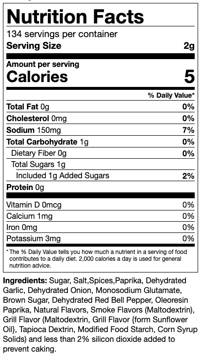 A close-up image of the nutrition facts label for JDQ Spicy BBQ Rub.