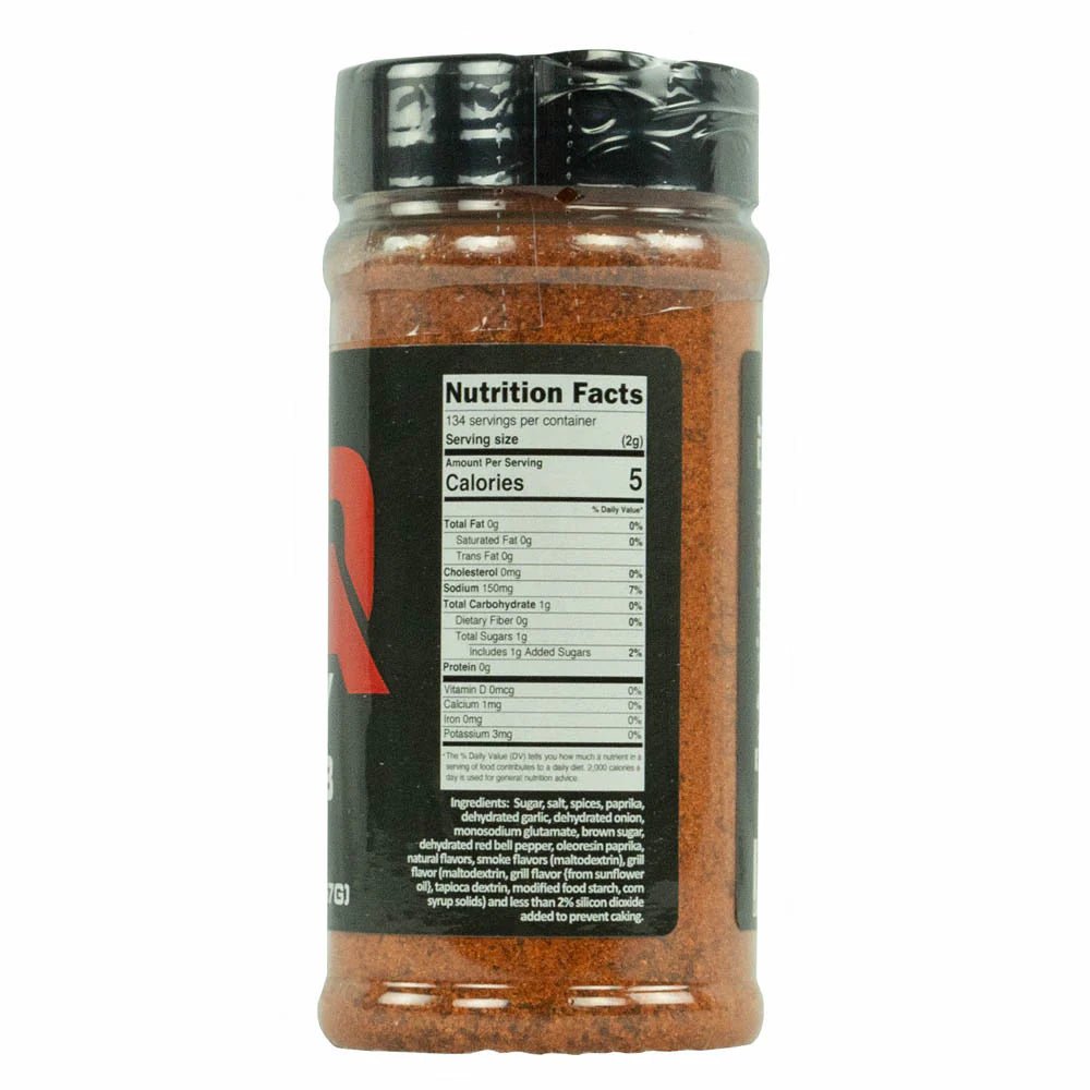 A clear image of the back of a JDQ Spicy BBQ Rub container with the nutrition facts label 