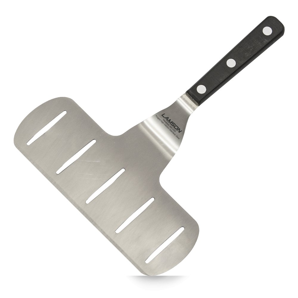 Jumbo Fish/Asparagus Turner, large stainless steel spatula with a wooden black handle, ideal for flipping delicate fish and asparagus on the grill or griddle.