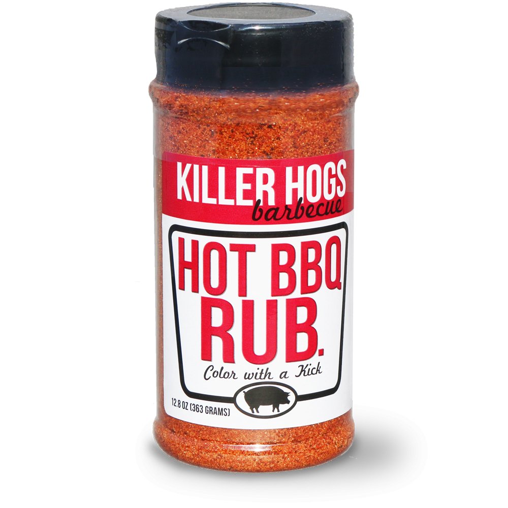 The front view of a Killer Hogs Hot BBQ Rub bottle. The label is red and white, featuring the product name prominently with the tagline 'Color with a Kick' below it. The bottle contains 12 ounces of the seasoning mix.