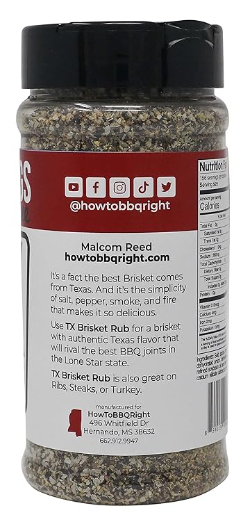 A side view of the Killer Hogs TX Brisket Rub bottle. The label includes a description of the product, promotional text, and contact information, with social media icons at the top.