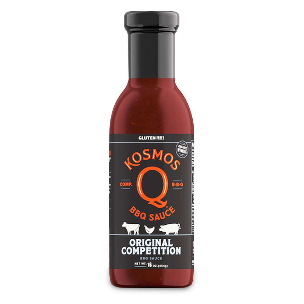 Glass 16oz bottle of Kosmo's Original Competition BBQ Sauce.