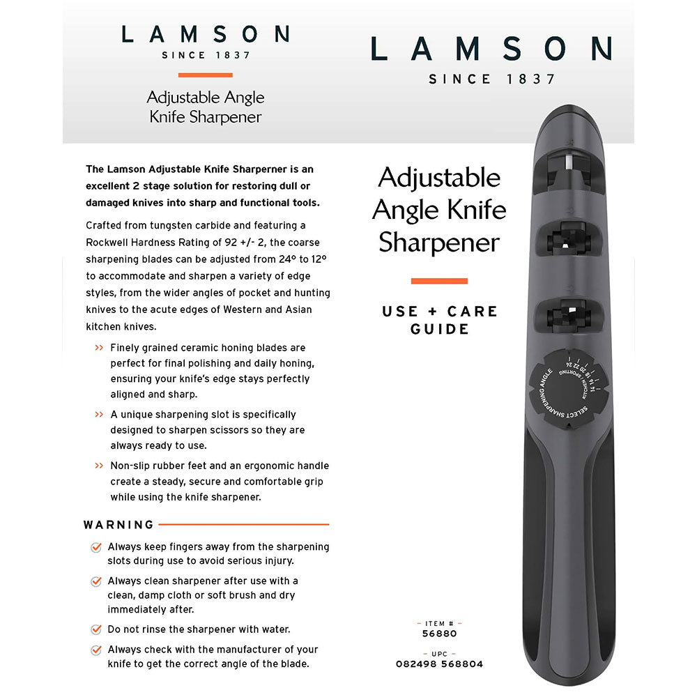 A Lamson adjustable angle knife sharpener and its use and care guide. The text on the left describes the features and benefits of the sharpener, including its tungsten carbide construction, adjustable angles, and ceramic honing blades. The sharpener is shown on the right with a close-up of its three sharpening slots.