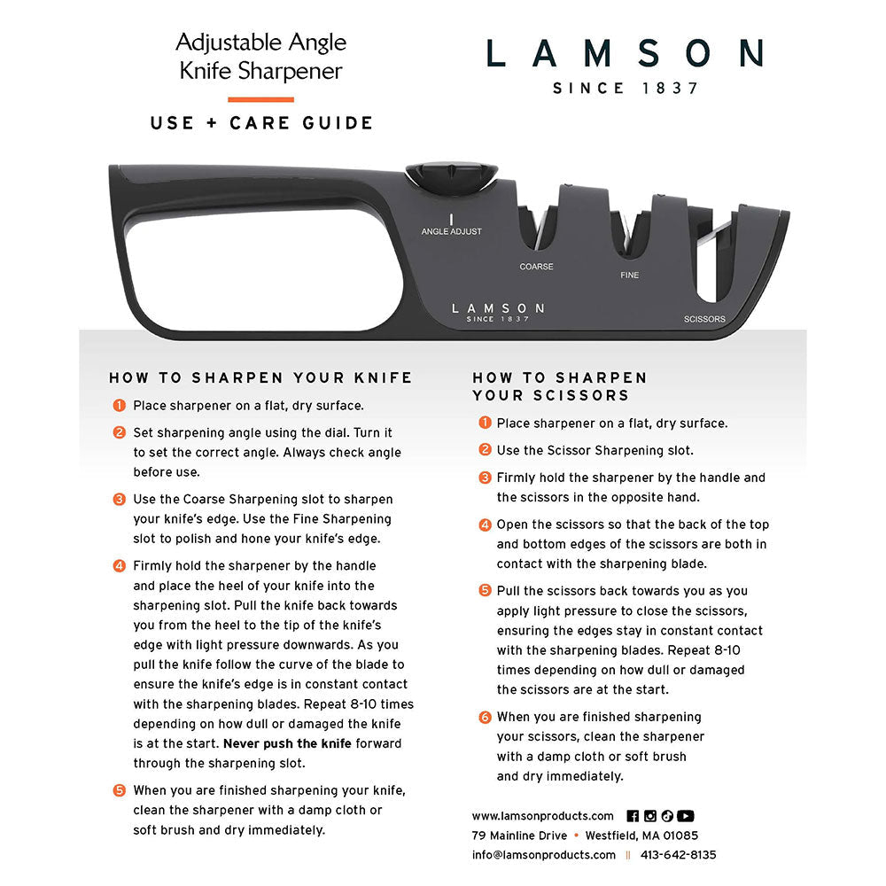 A Lamson adjustable angle knife sharpener and its use and care guide. The guide provides step-by-step instructions on how to sharpen knives and scissors. The sharpener is displayed horizontally with labeled slots for angle adjustment, coarse sharpening, fine sharpening, and scissors.