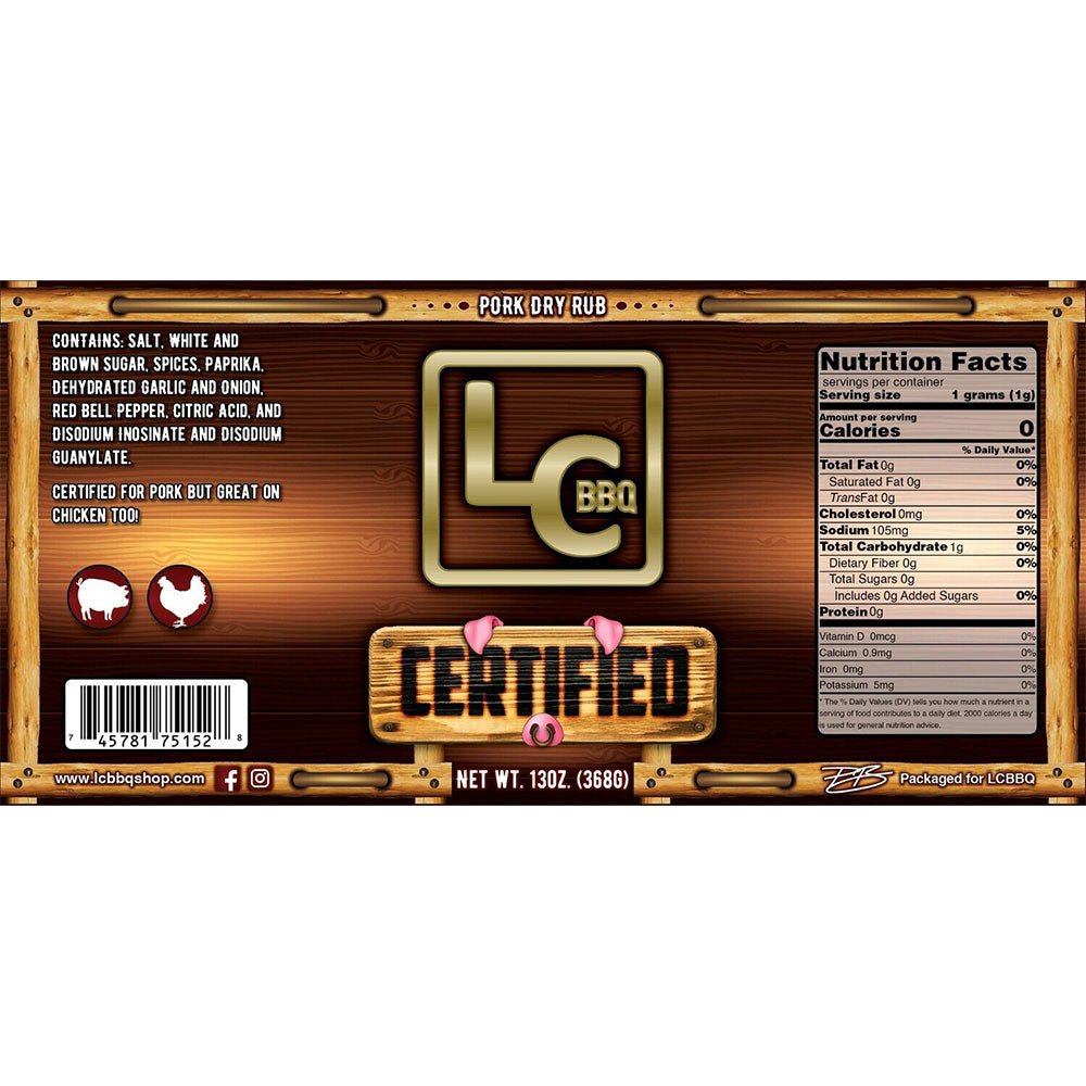 A label for LC BBQ Pork Dry Rub, featuring a wooden background with the LC BBQ logo in the center. The label lists ingredients such as salt, sugar, spices, paprika, garlic, onion, and citric acid. It also notes that the rub is certified for pork but great on chicken. Nutritional facts are displayed on the right side.