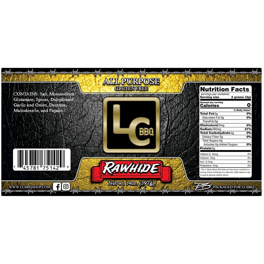 A label for LC BBQ Rawhide All-Purpose Gluten-Free seasoning, featuring a black and yellow textured background with barbed wire detailing. The label includes the LC BBQ logo in the center and the product name "Rawhide" in red at the bottom. It lists ingredients such as salt, monosodium glutamate, spices, dehydrated garlic and onion, dextrose, maltodextrin, and papain. Nutritional facts are displayed on the right side.