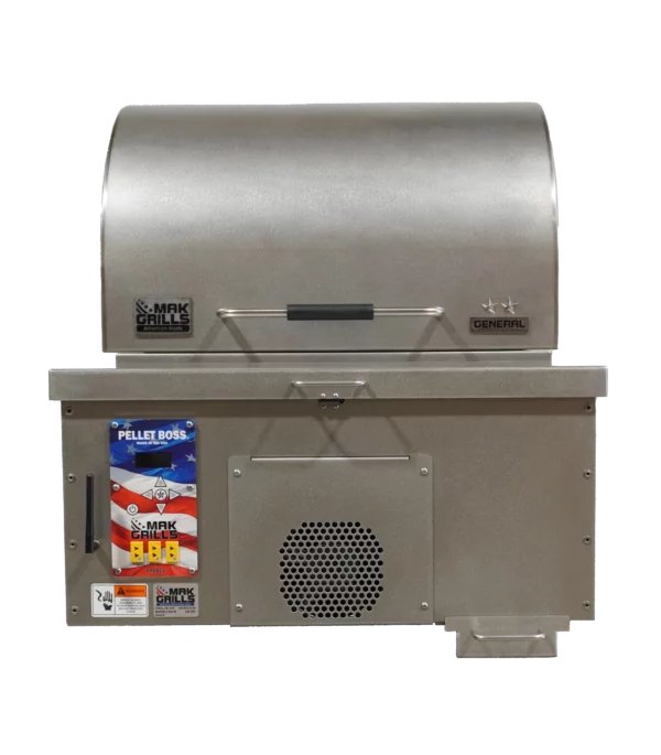 Front view of a MAK Grills pellet smoker with the 'Pellet Boss' control panel, featuring a stainless steel exterior and the model name 'General' on the right.