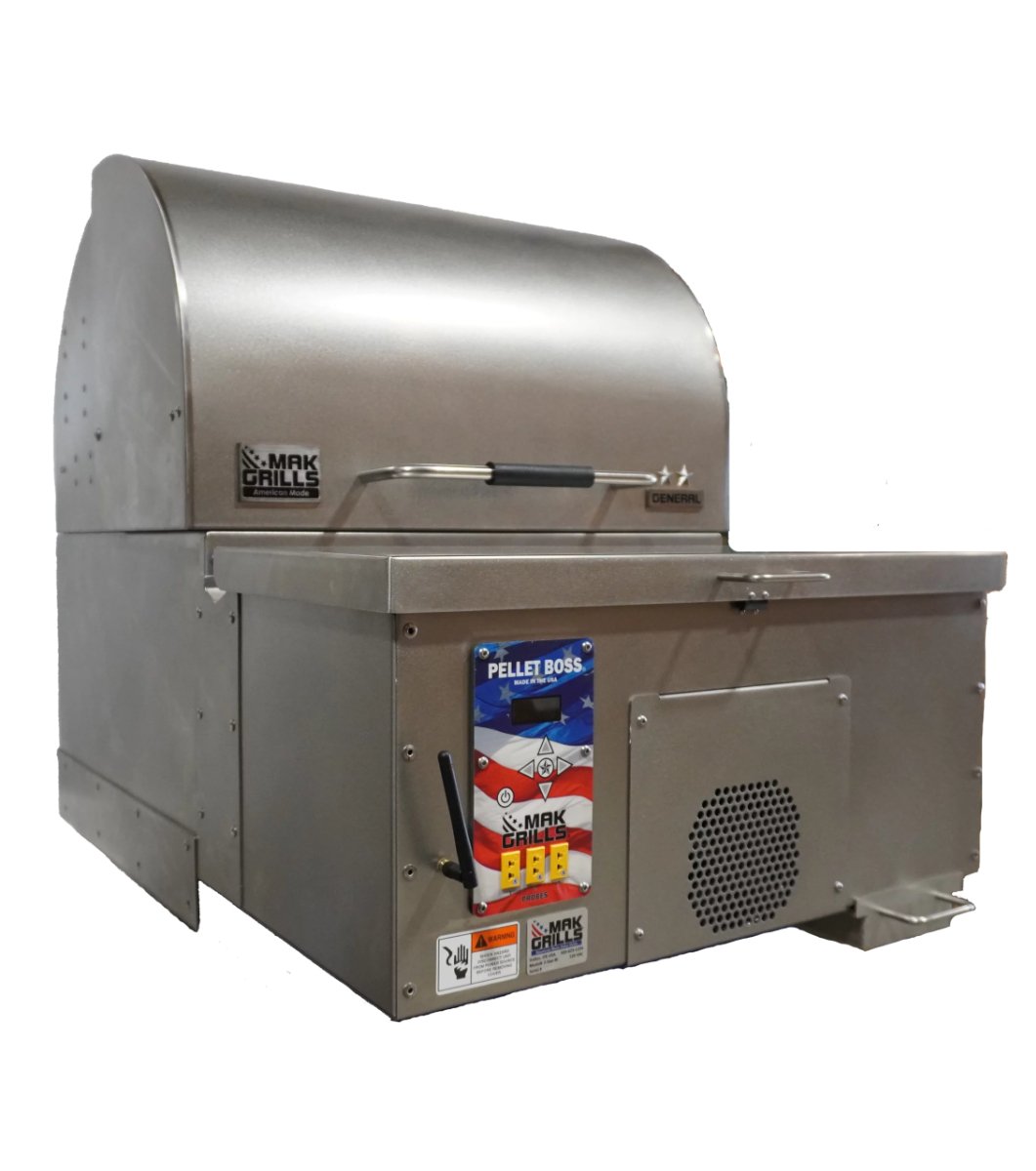 Close-up of a stainless steel MAK Grills pellet smoker featuring the 'Pellet Boss' control system with a colorful control panel on the front.