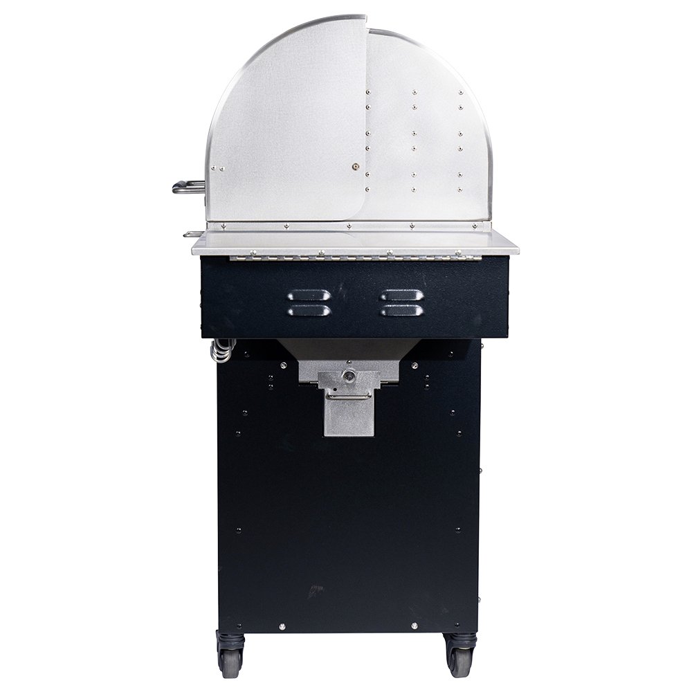 Side view of a MAK Grills pellet smoker with a stainless steel body and black base, mounted on wheels for mobility.