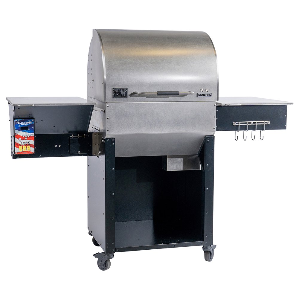 MAK Grills pellet smoker featuring a stainless steel exterior, side shelves, a 'Pellet Boss' control panel, and mounted on wheels for mobility.