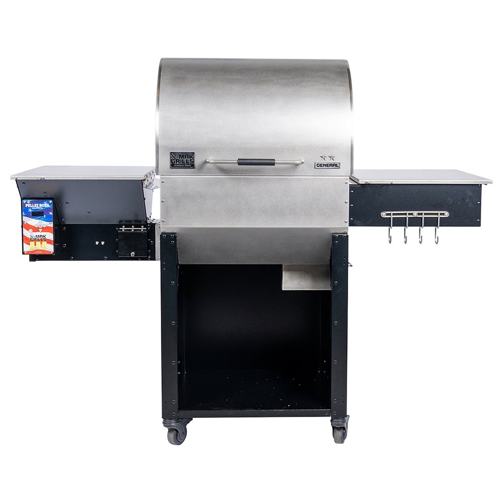 Front view of a MAK Grills pellet smoker with a stainless steel exterior, side shelves, and a 'Pellet Boss' control panel on the left.