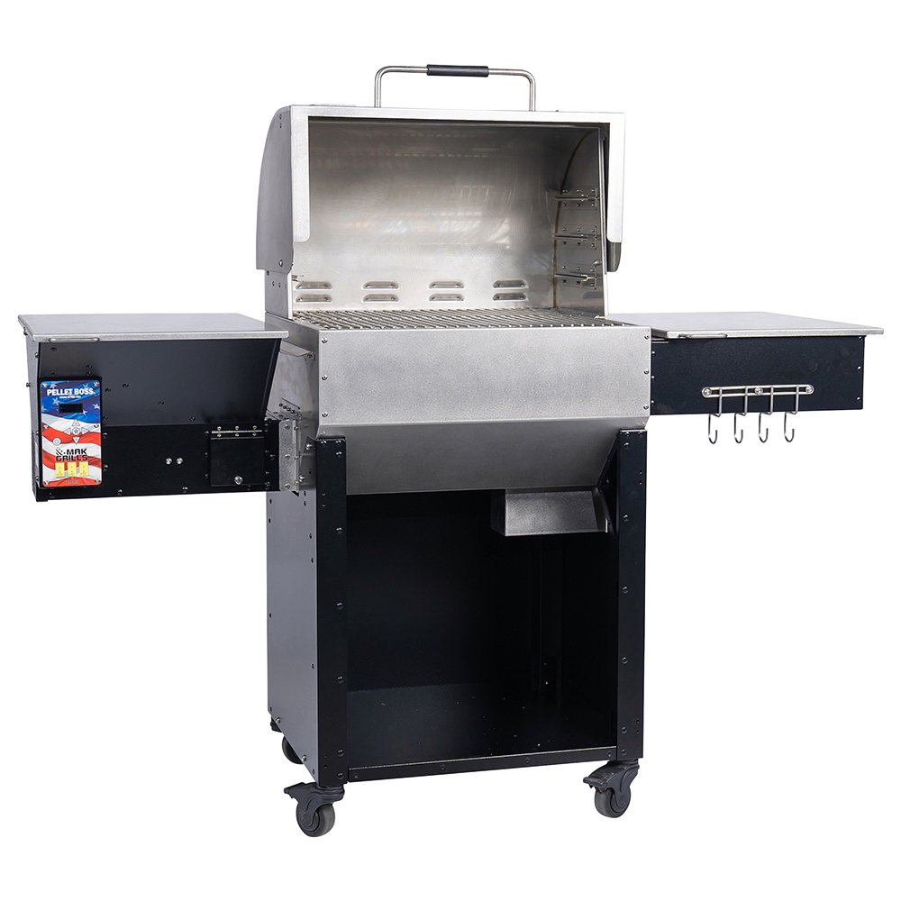 MAK Grills pellet smoker with the lid open, revealing the stainless steel grilling chamber and metal grates.