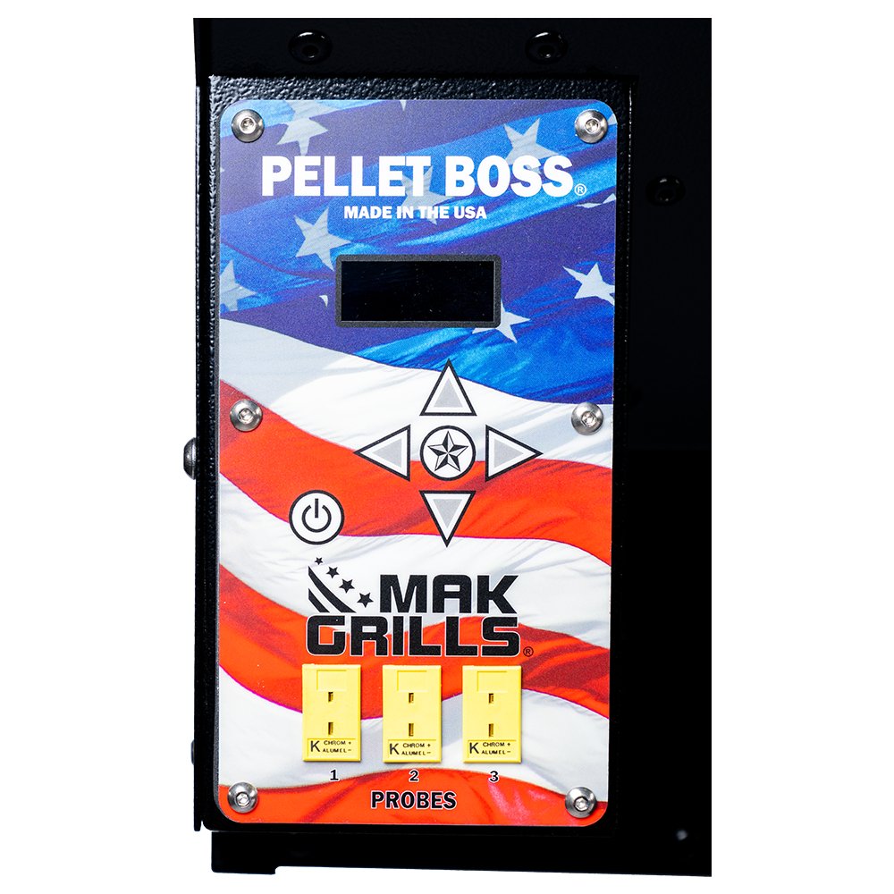 Close-up of the control panel labeled "Pellet Boss" with an American flag background and MAK Grills branding, showing probe ports and control buttons.