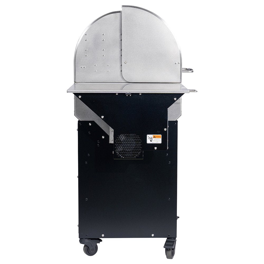 Side view of a MAK Grills pellet smoker with a stainless steel body and black base, mounted on wheels for mobility.