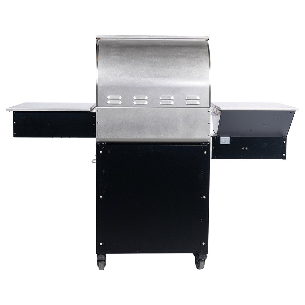 Rear view of a MAK Grills pellet smoker with a stainless steel lid, black base, and side shelves, showcasing the back panel design.