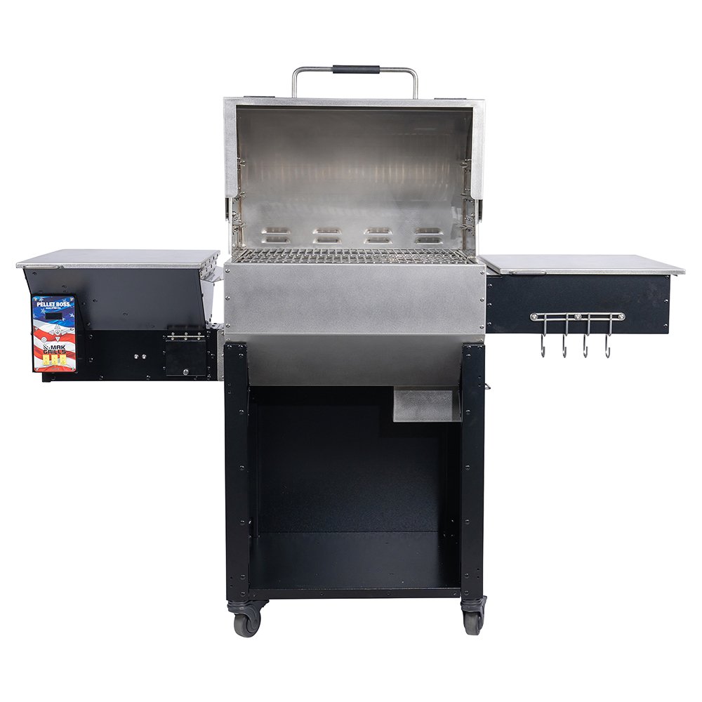 MAK Grills pellet smoker with the lid open, revealing the stainless steel grilling chamber and metal grates.