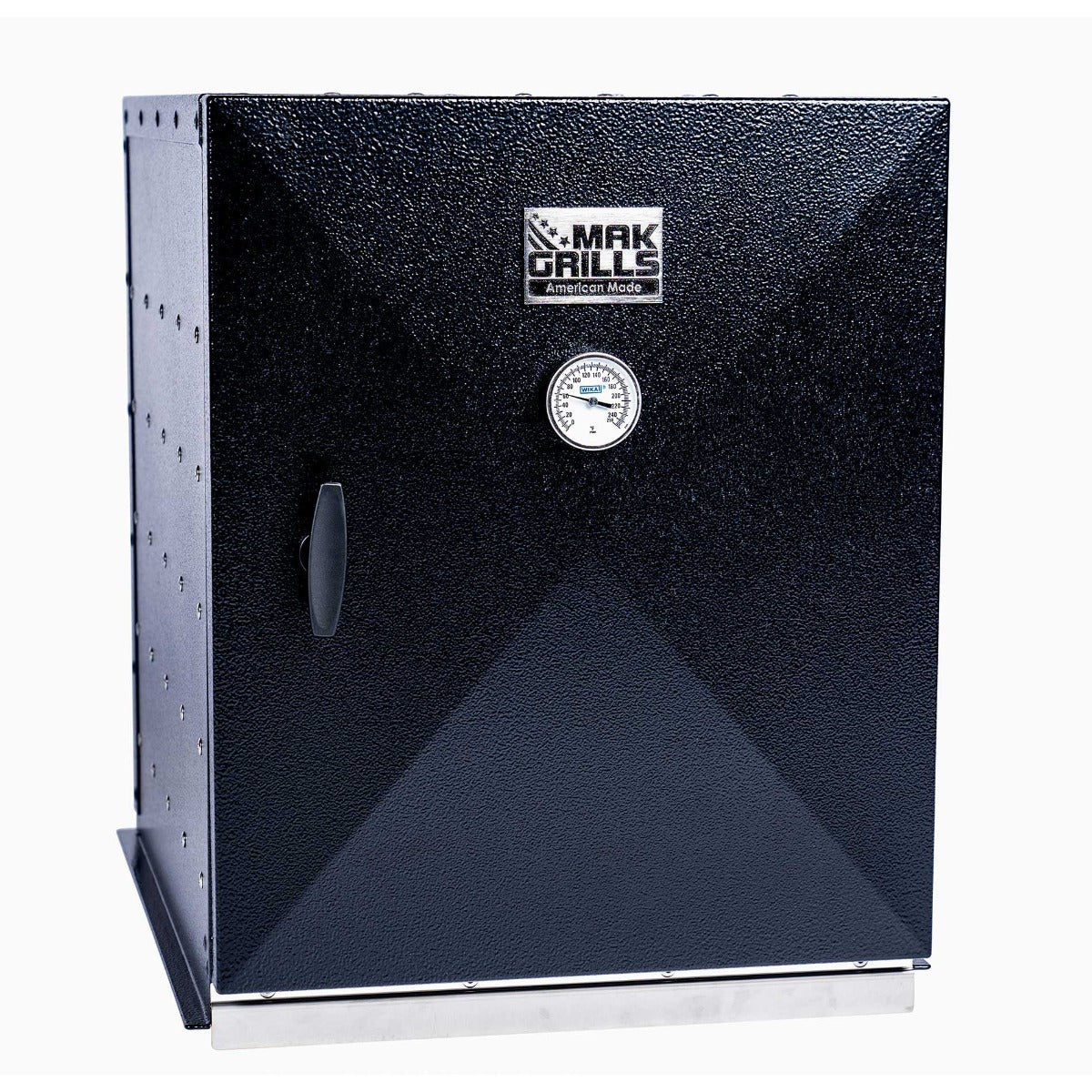 Close-up of the MAK 2 Star Super Smoker Box, highlighting its thermometer and T-handle latch.