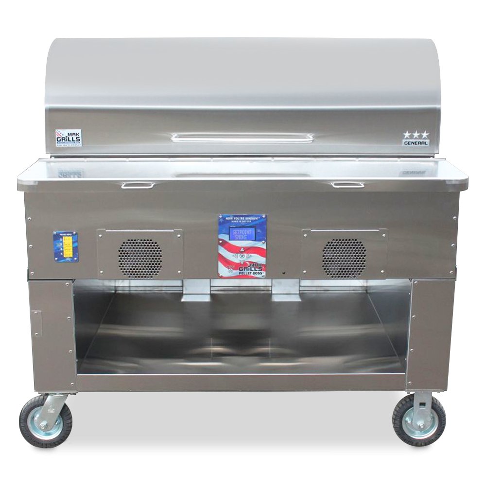 Front view of a MAK Grills pellet smoker on a rolling cart, with a stainless steel exterior and a 'Pellet Boss' control panel.